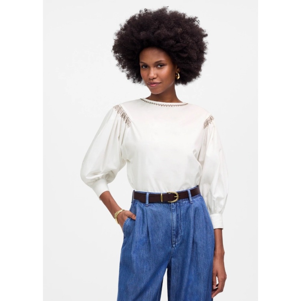 Madewell Embroidered Poplin‎ Balloon-Sleeve Top White Size Small